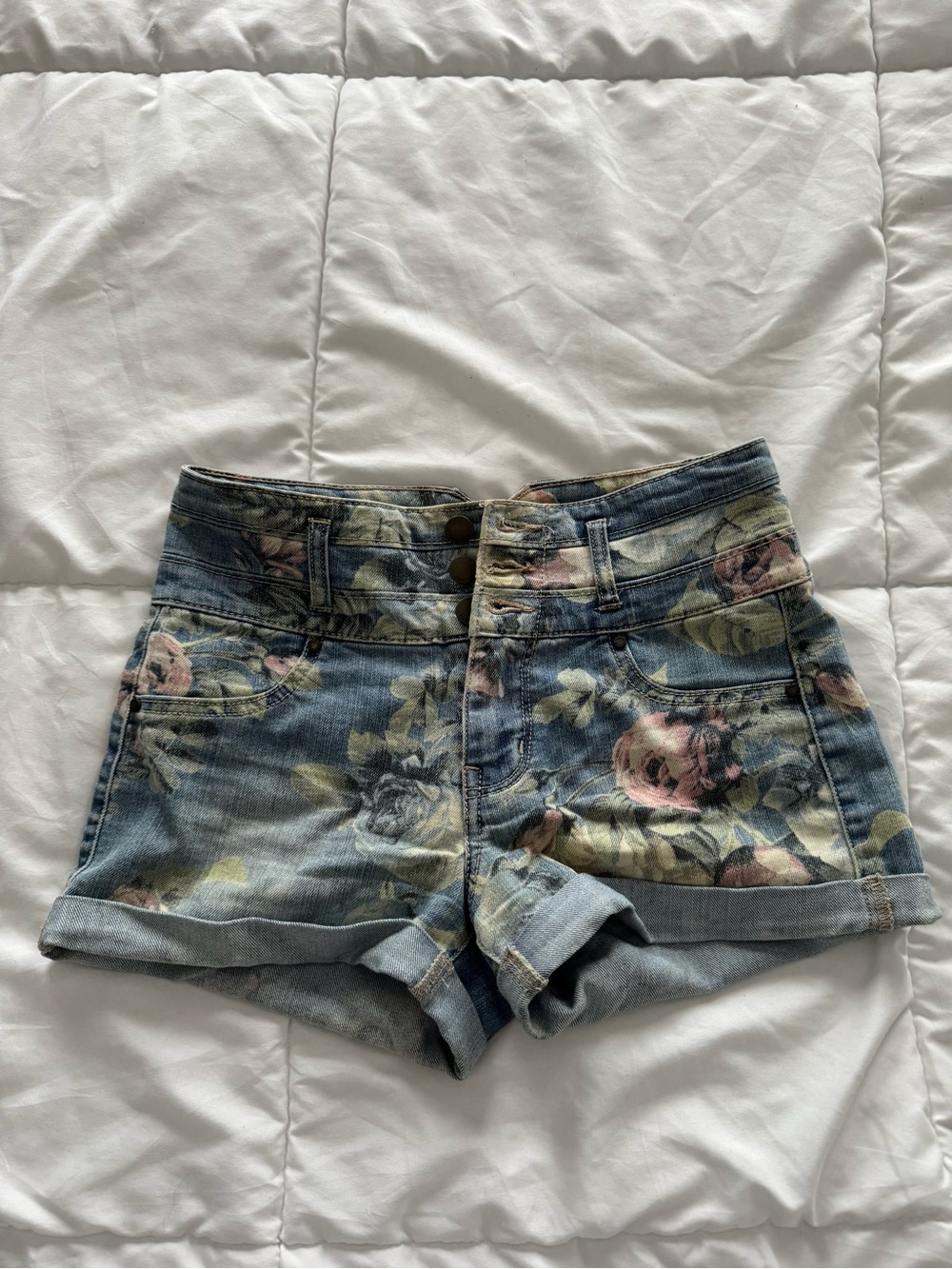 Floral Print Denim Women’s Shorts - Blue